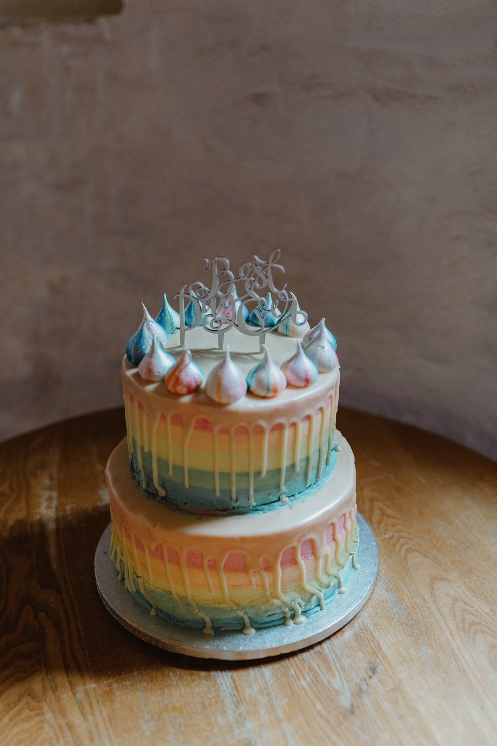 Colourful Drip Ombre Cake Meringue Cute Rainbow Wedding Stevie Jay Photography