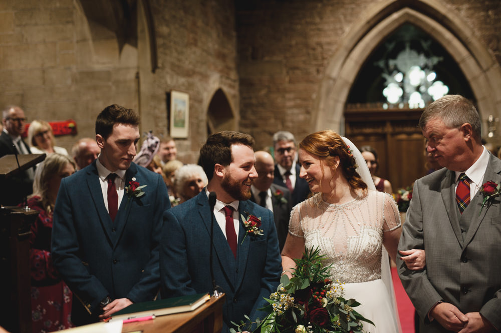 Bride Bridal Jenny Packham Beaded Dress Gown Three Piece Suit Groom Burgundy Tie Tartan Tie Hazel Gap Wedding Maree Frances Photography