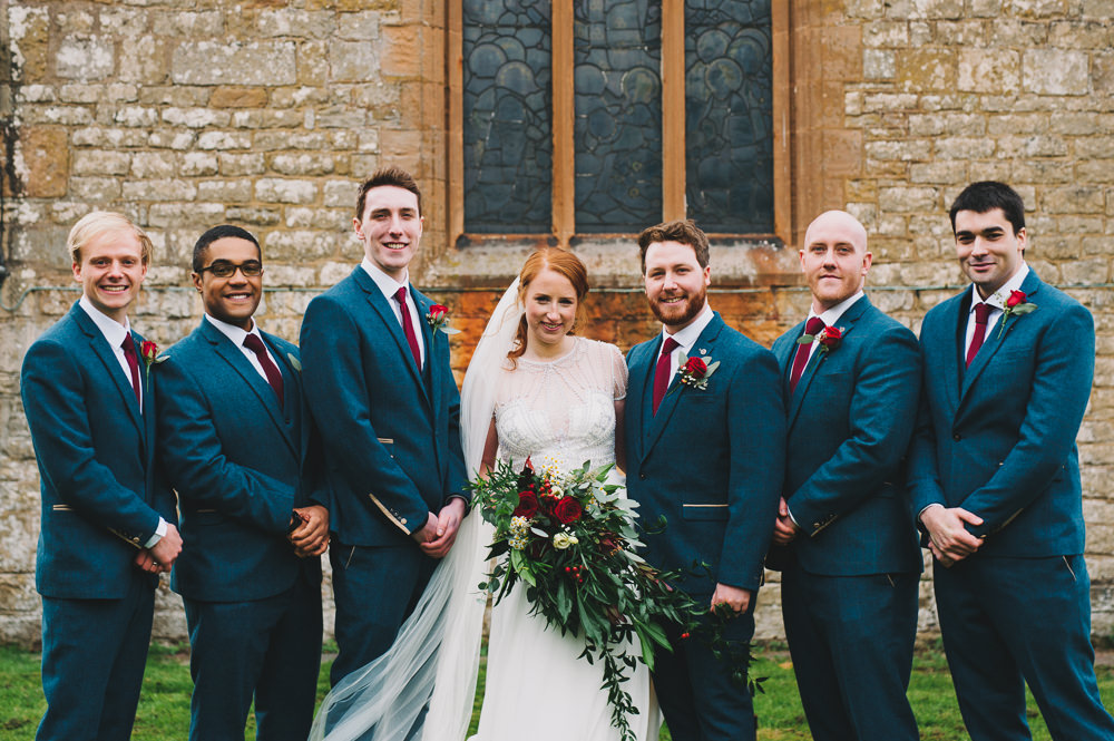 Bride Bridal Jenny Packham Beaded Dress Gown Three Piece Suit Groom Burgundy Tie Cascading Bouquet Groomsmen Hazel Gap Wedding Maree Frances Photography