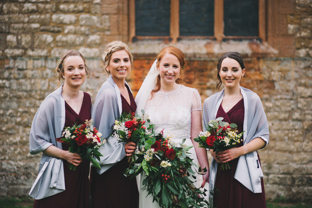 Bride Bridal Jenny Packham Beaded Dress Gown Cascading Bouquet Berries Foliage Bridesmaids Burgundy Lavender Shawl Hazel Gap Wedding Maree Frances Photography