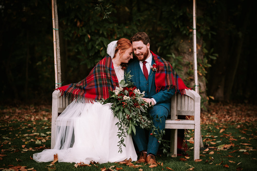 Bride Bridal Jenny Packham Beaded Dress Gown Three Piece Suit Groom Burgundy Tie Tartan Blanket Cascading Bouquet Foliage Berries Brogues Hazel Gap Wedding Maree Frances Photography