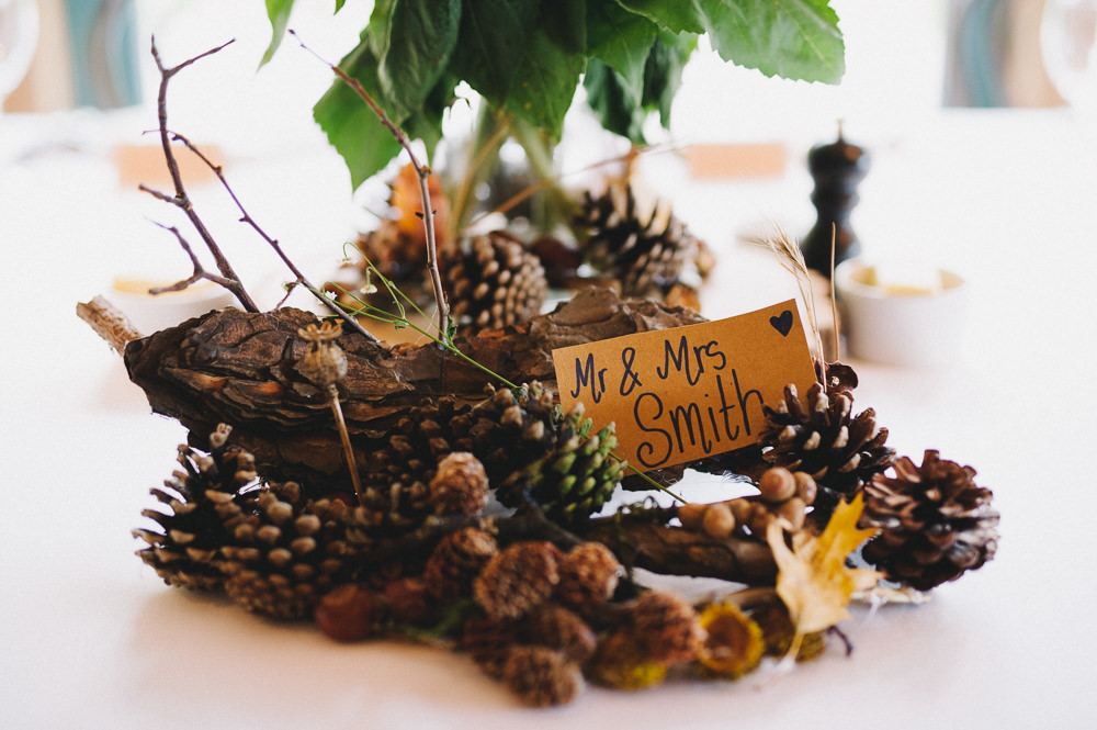 Log Wooden Pine Cones Mr & Mrs Table Centre Hazel Gap Wedding Maree Frances Photography