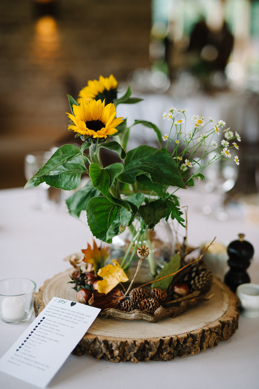 Table Centre Sunflower Wood Slice Pine Cone Hazel Gap Wedding Maree Frances Photography