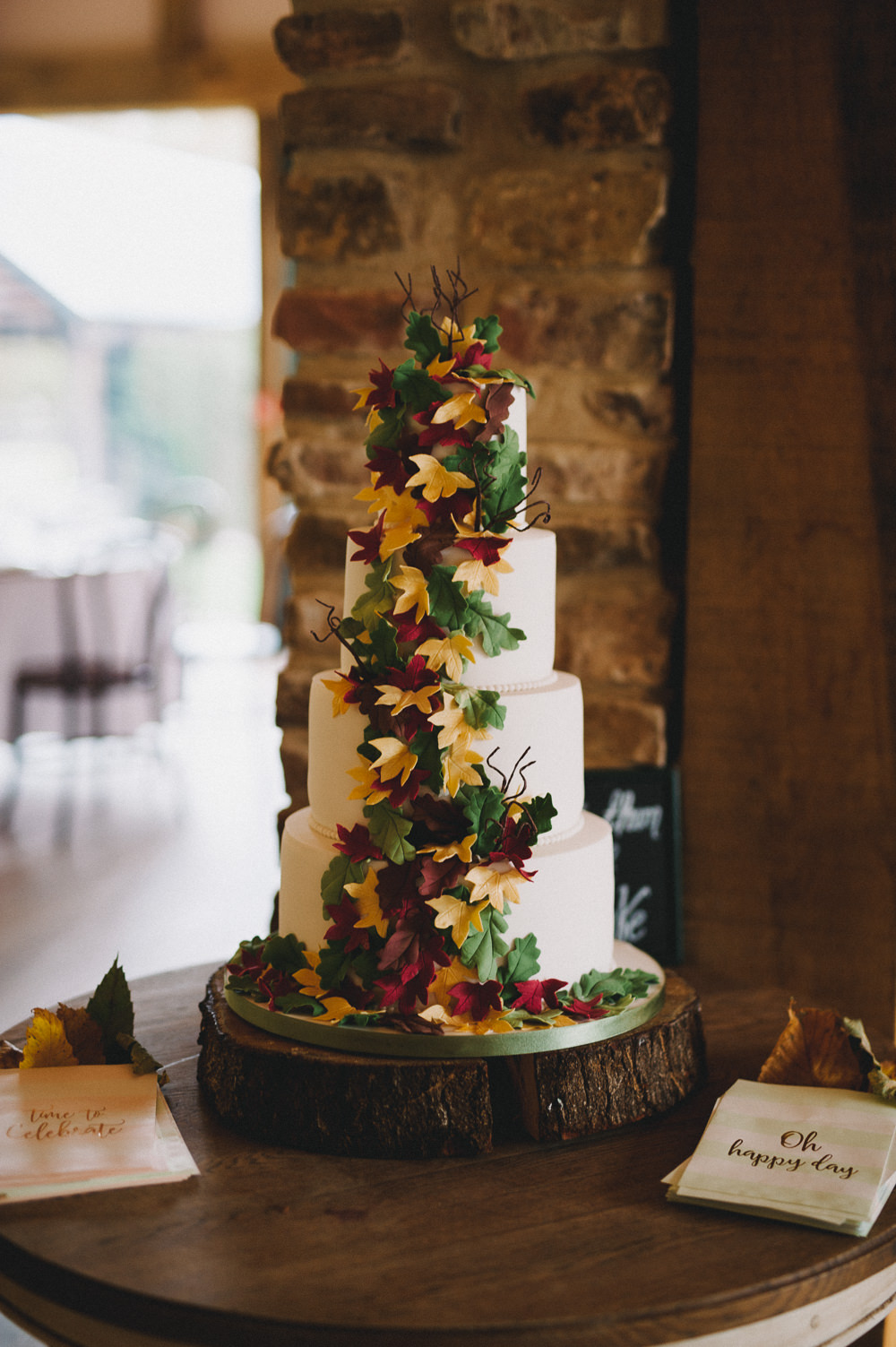Cake Turning Leaves Autumn Wood Slice Hazel Gap Wedding Maree Frances Photography