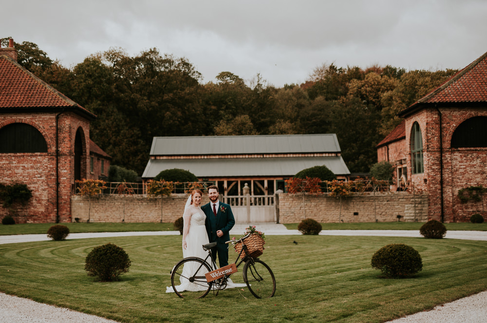 Bride Bridal Jenny Packham Beaded Dress Gown Three Piece Suit Groom Burgundy Tie Veil Welcome Bicycle Bike Hazel Gap Wedding Maree Frances Photography