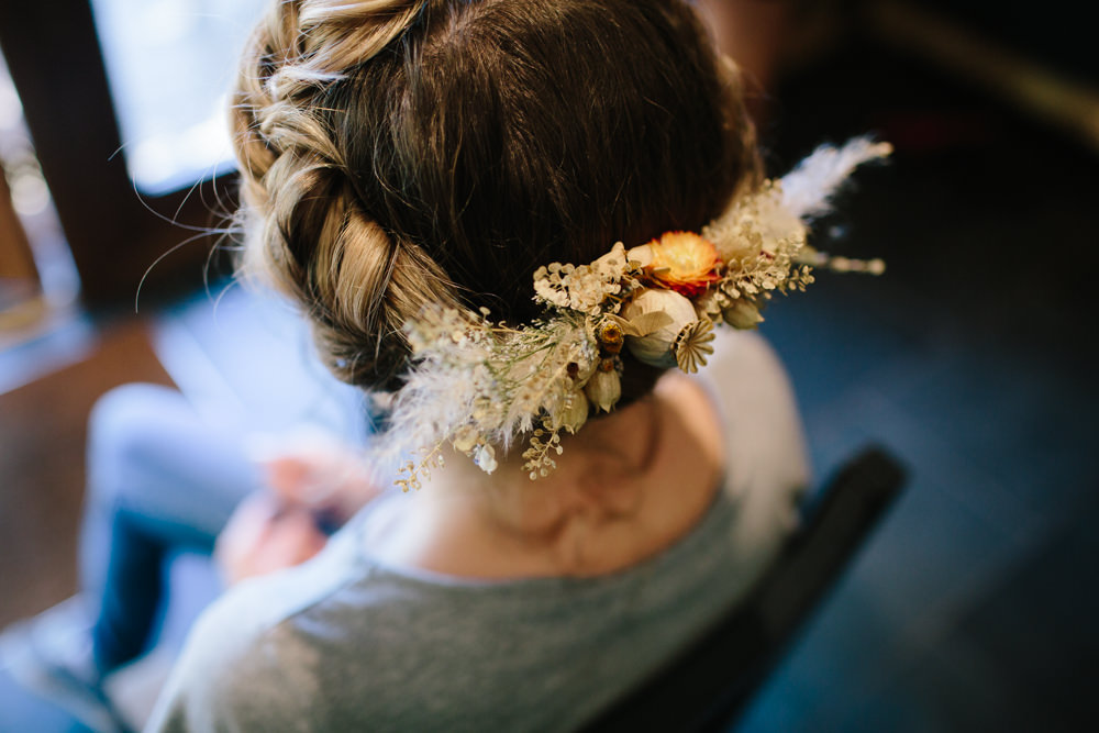 Hair Bride Bridal Style Up Do Flowers Grass Seeds Hidden River Cabins Wedding Dan Hough Photo
