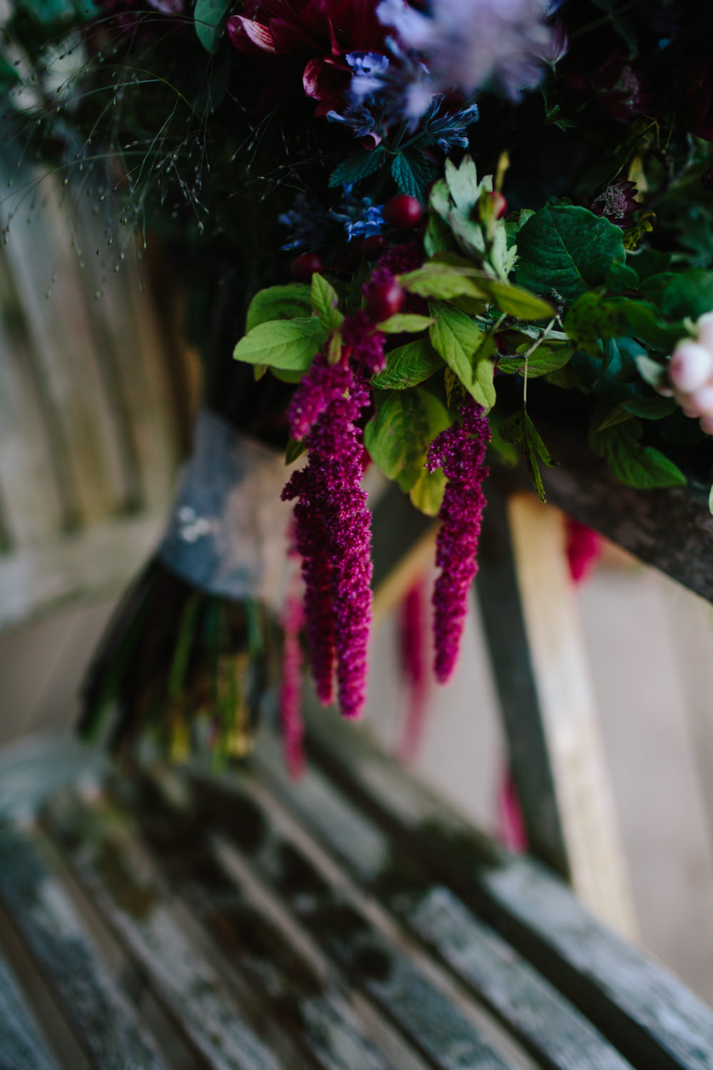 Bride Bridal Flowers Purple Berries Fern Dahlia Red Trailing Amaranthus Bouquet Hidden River Cabins Wedding Dan Hough Photo