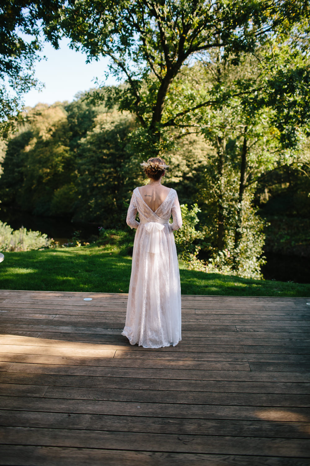 Bride Bridal Dress Gown Bow Back Sadoni Couture Lace Boat Neck Sleeves Hidden River Cabins Wedding Dan Hough Photo