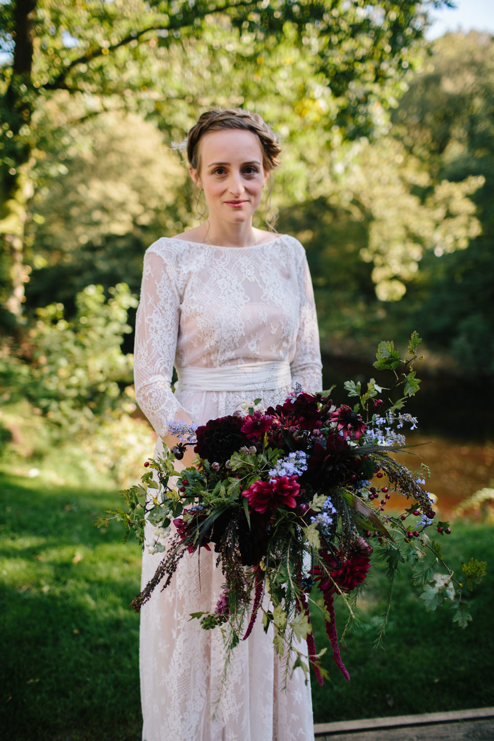 Bride Bridal Flowers Purple Berries Fern Dahlia Red Trailing Amaranthus Bouquet Hidden River Cabins Wedding Dan Hough Photo