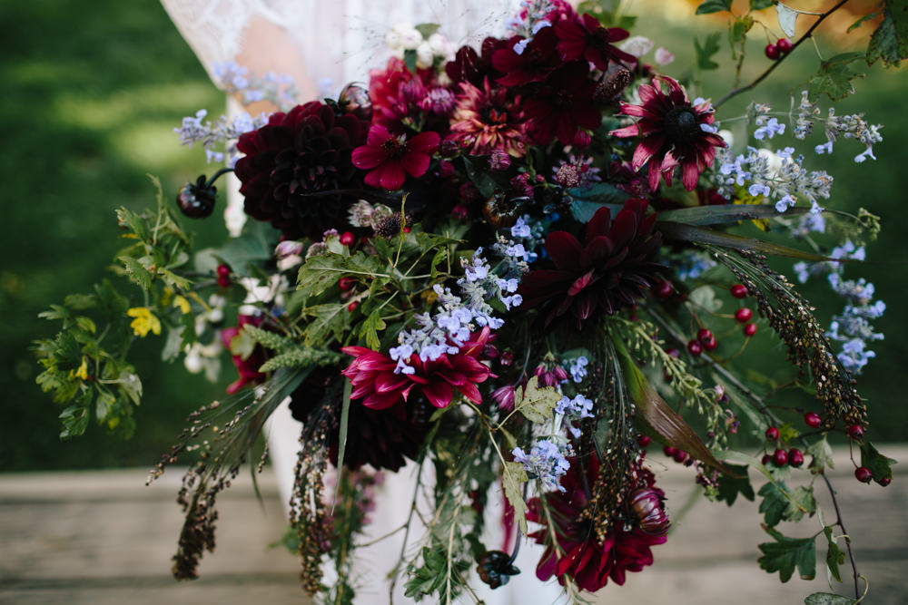 Bride Bridal Flowers Purple Berries Fern Dahlia Red Trailing Amaranthus Bouquet Hidden River Cabins Wedding Dan Hough Photo