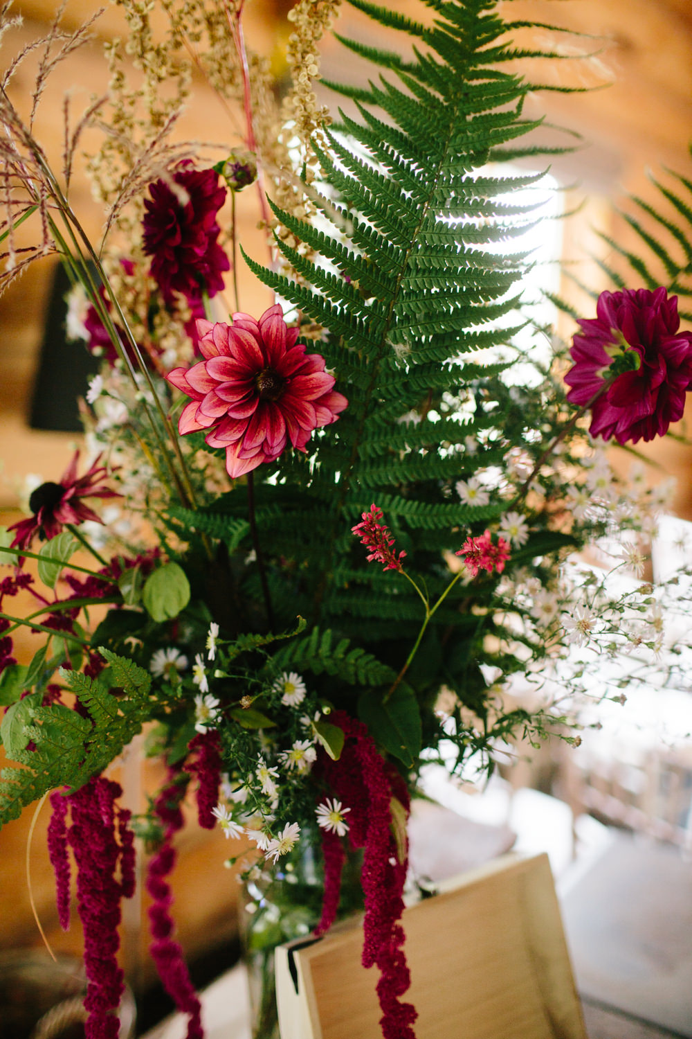 Table Flowers Decor Fern Dahlia Red Trailing Amaranthus Hidden River Cabins Wedding Dan Hough Photo
