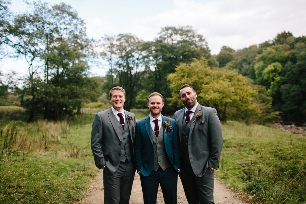 Groom Groomsmen Blue Tweed Suit Red Tie Hidden River Cabins Wedding Dan Hough Photo
