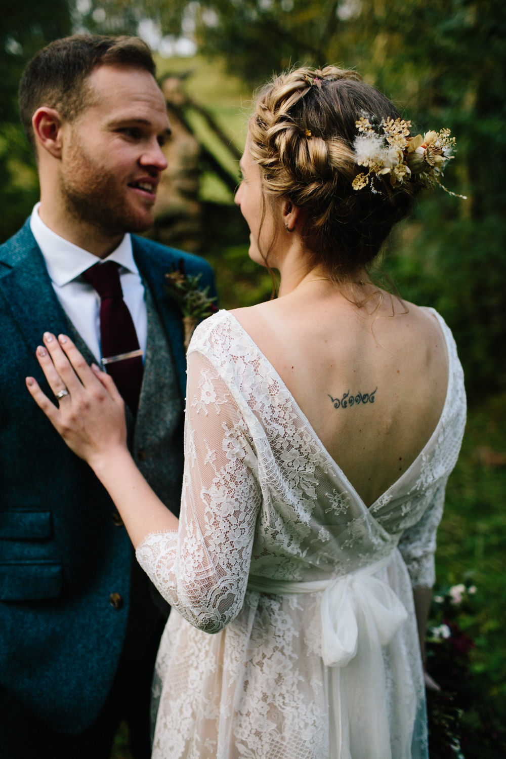 Bride Bridal Dress Gown Bow Back Sadoni Couture Lace Boat Neck Sleeves Hidden River Cabins Wedding Dan Hough Photo