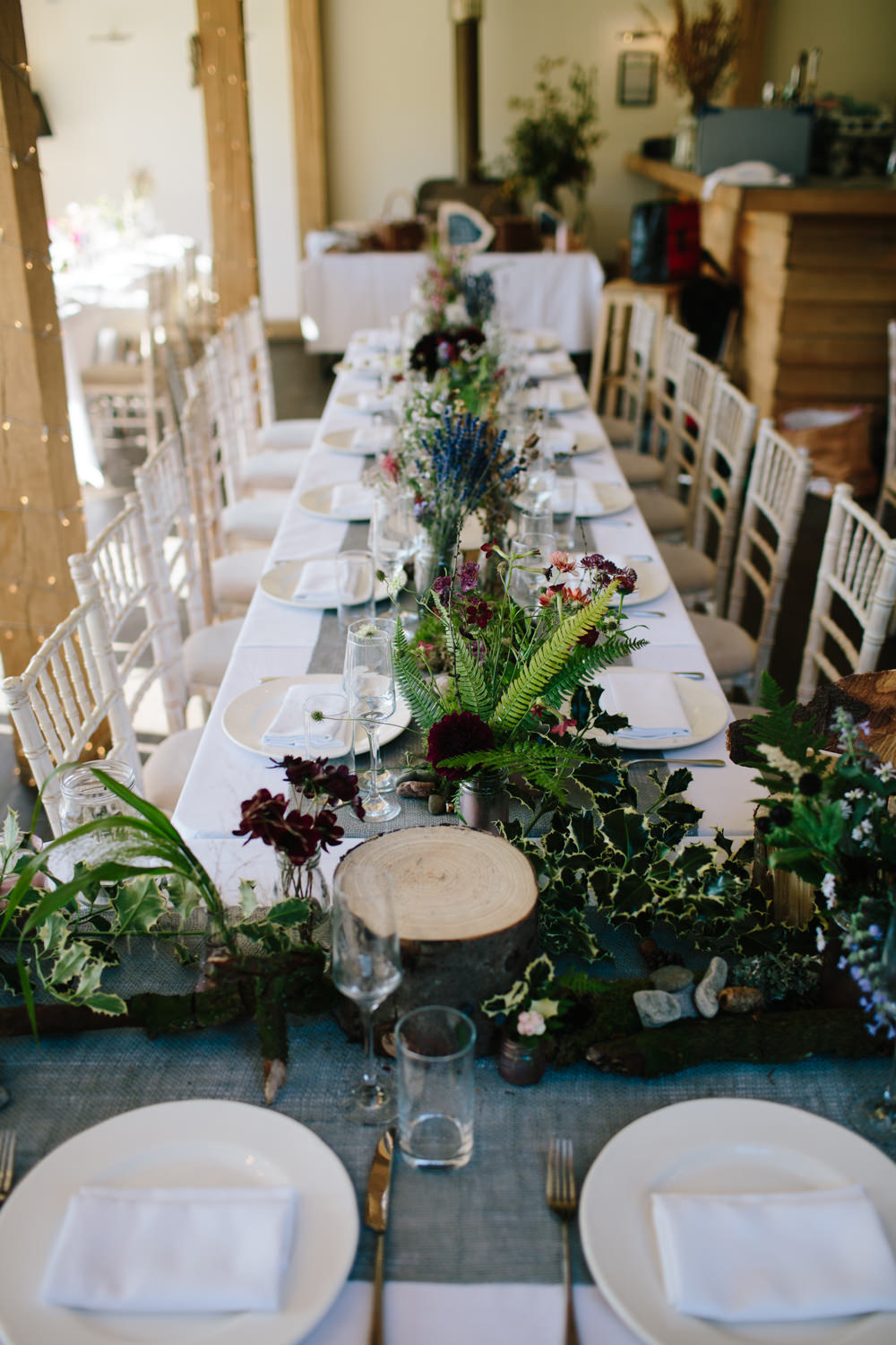 Table Runner Decor Linen Greenery Ferns Hidden River Cabins Wedding Dan Hough Photo