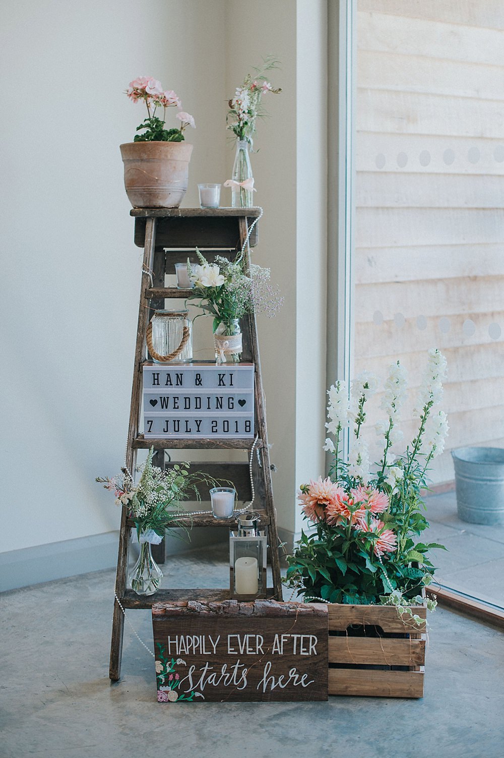 Wooden Crates Ladder Decor Flowers Houchins Farm Wedding Julia and You Photography