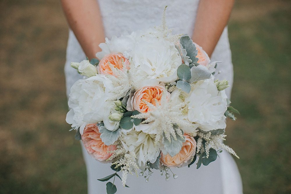 Bouquet Flowers Bride Bridal Coral Peach Ivory Rose Peony Astilbe Houchins Farm Wedding Julia and You Photography