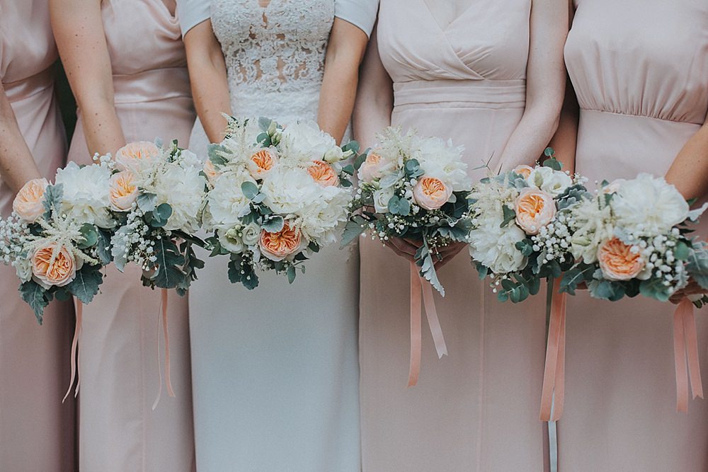 Bouquet Flowers Bride Bridal Coral Peach Ivory Rose Peony Astilbe Bridesmaids Houchins Farm Wedding Julia and You Photography