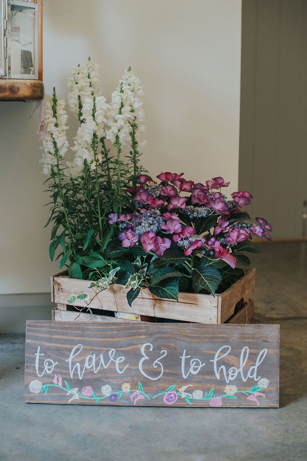 Wooden Crate Flowers Sign Signage Houchins Farm Wedding Julia and You Photography