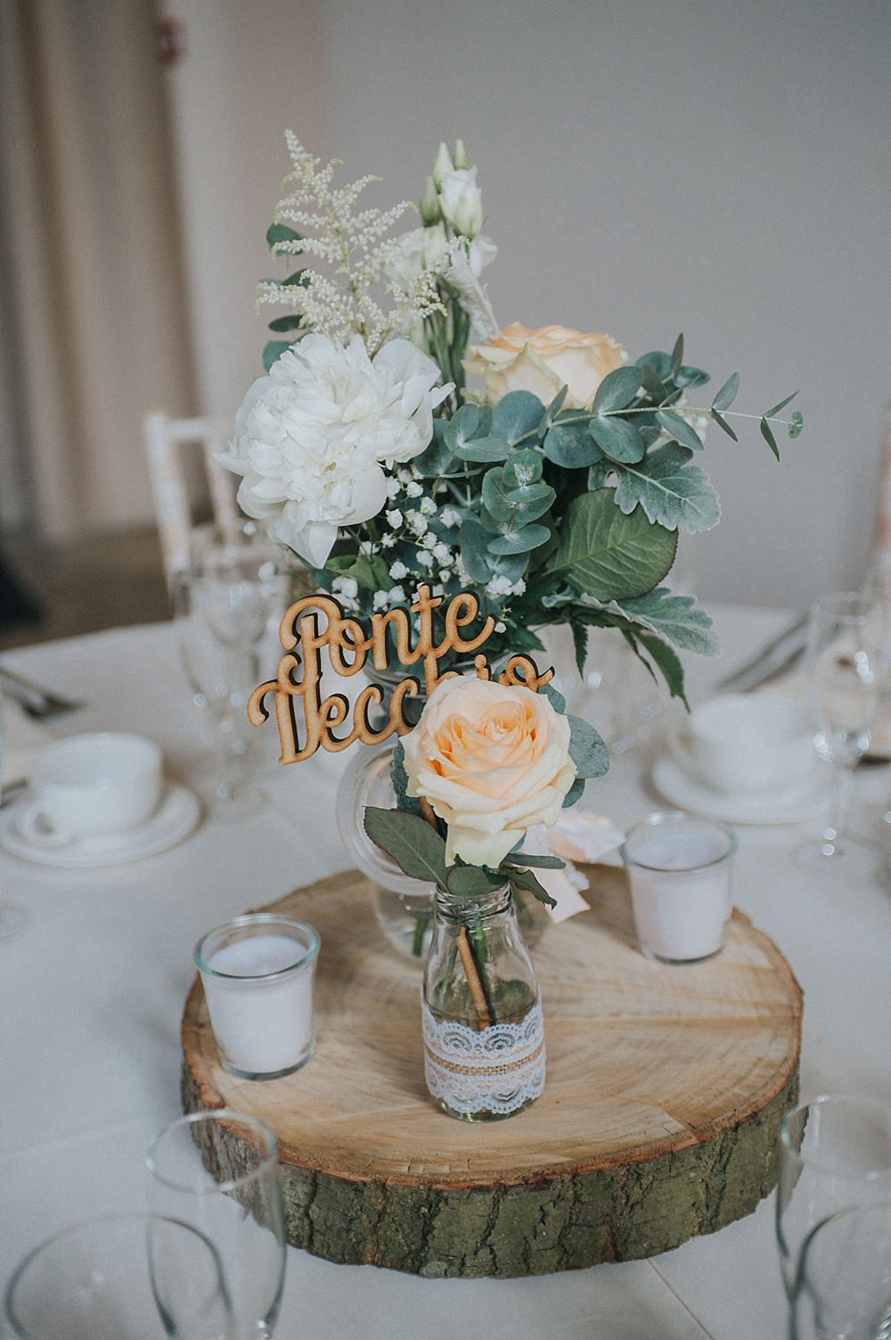 Centrepiece Table Flowers Decor Log Slice Peach Ivory Houchins Farm Wedding Julia and You Photography