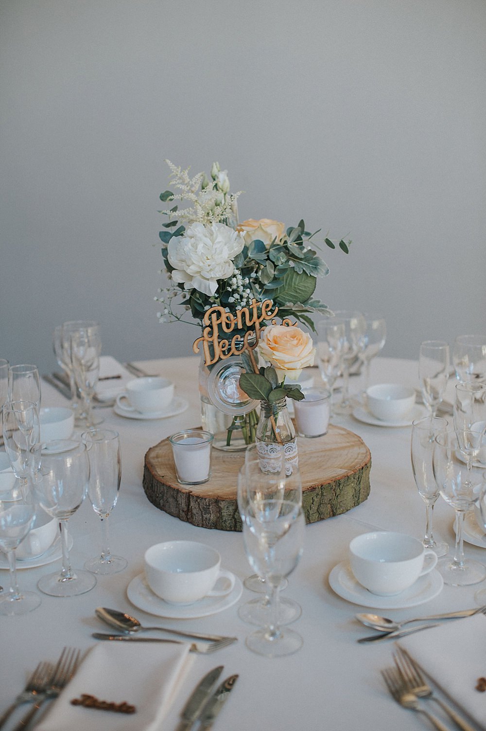 Centrepiece Table Flowers Decor Log Slice Peach Ivory Houchins Farm Wedding Julia and You Photography