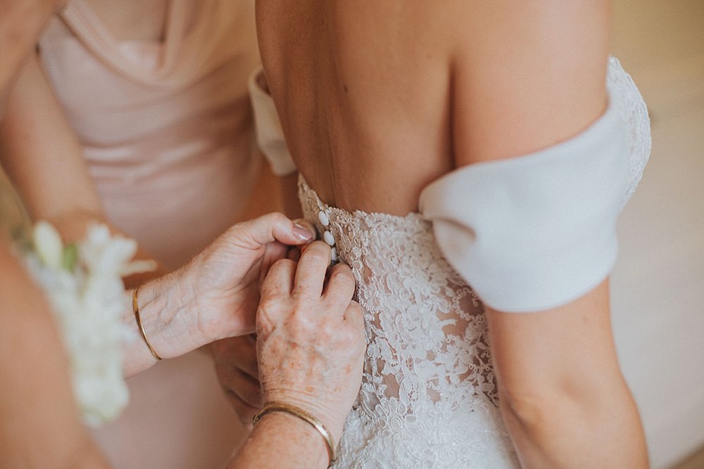 Pronovias Dress Bride Bridal Off Shoulder Bardot Lace Sweetheart Houchins Farm Wedding Julia and You Photography