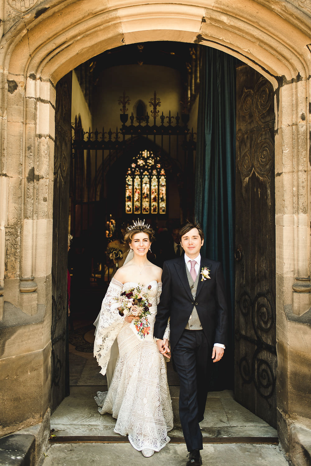 Bride Bridal Rue de Seine Dress Gown 70s Boho Sleeves Headdress Crown Morning Suit Groom Langar Hall Wedding Robert Leons Photography