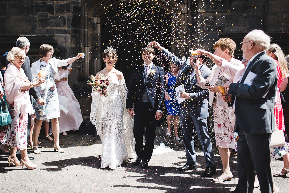 Bride Bridal Rue de Seine Dress Gown 70s Boho Sleeves Headdress Crown Morning Suit Groom Confetti Langar Hall Wedding Robert Leons Photography