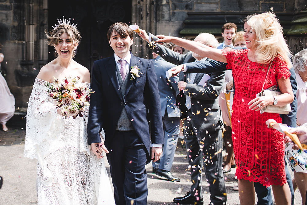 Bride Bridal Rue de Seine Dress Gown 70s Boho Sleeves Headdress Crown Morning Suit Groom Confetti Langar Hall Wedding Robert Leons Photography