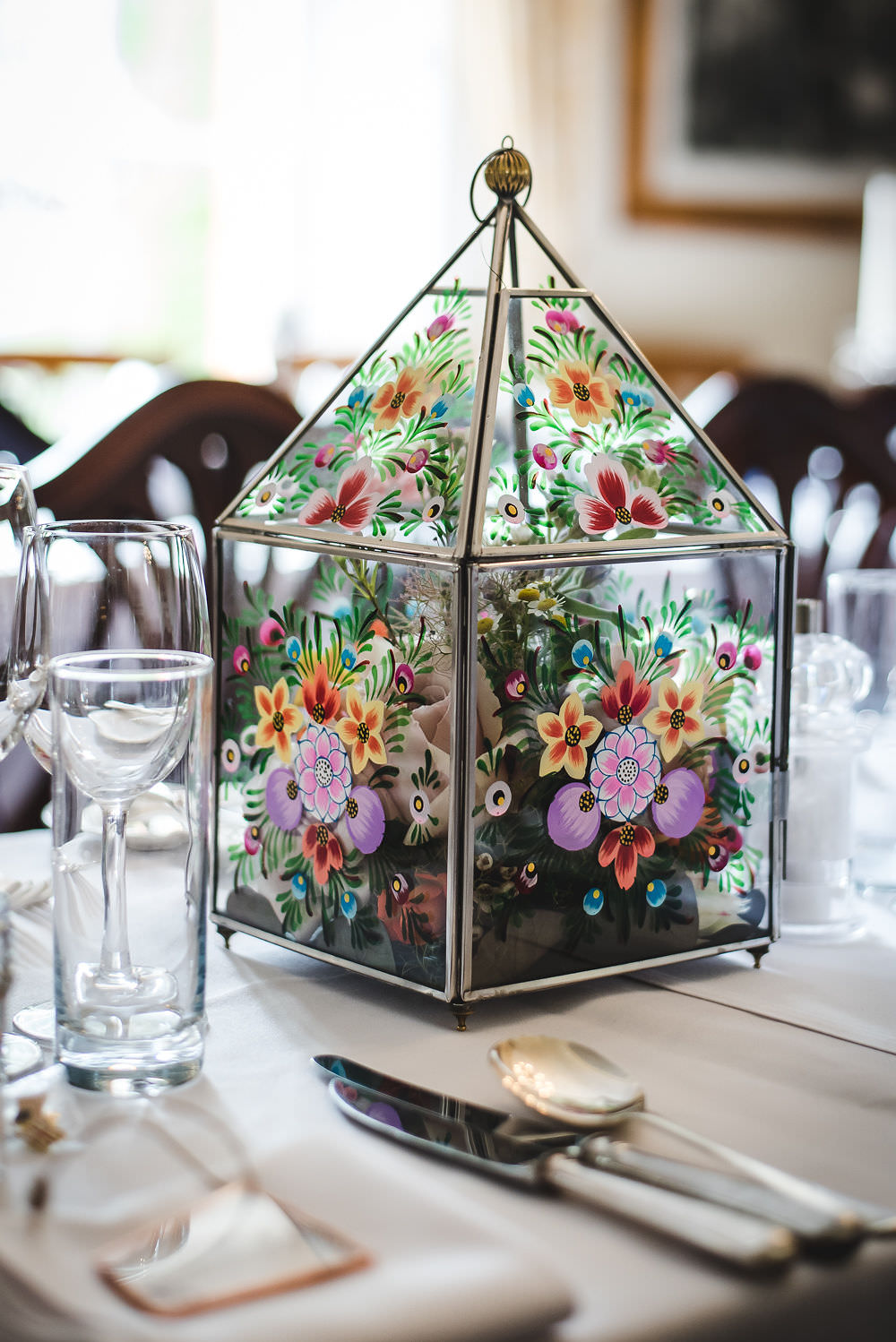 Hand Painted Terrarium Table Centre Flowers Floral Langar Hall Wedding Robert Leons Photography