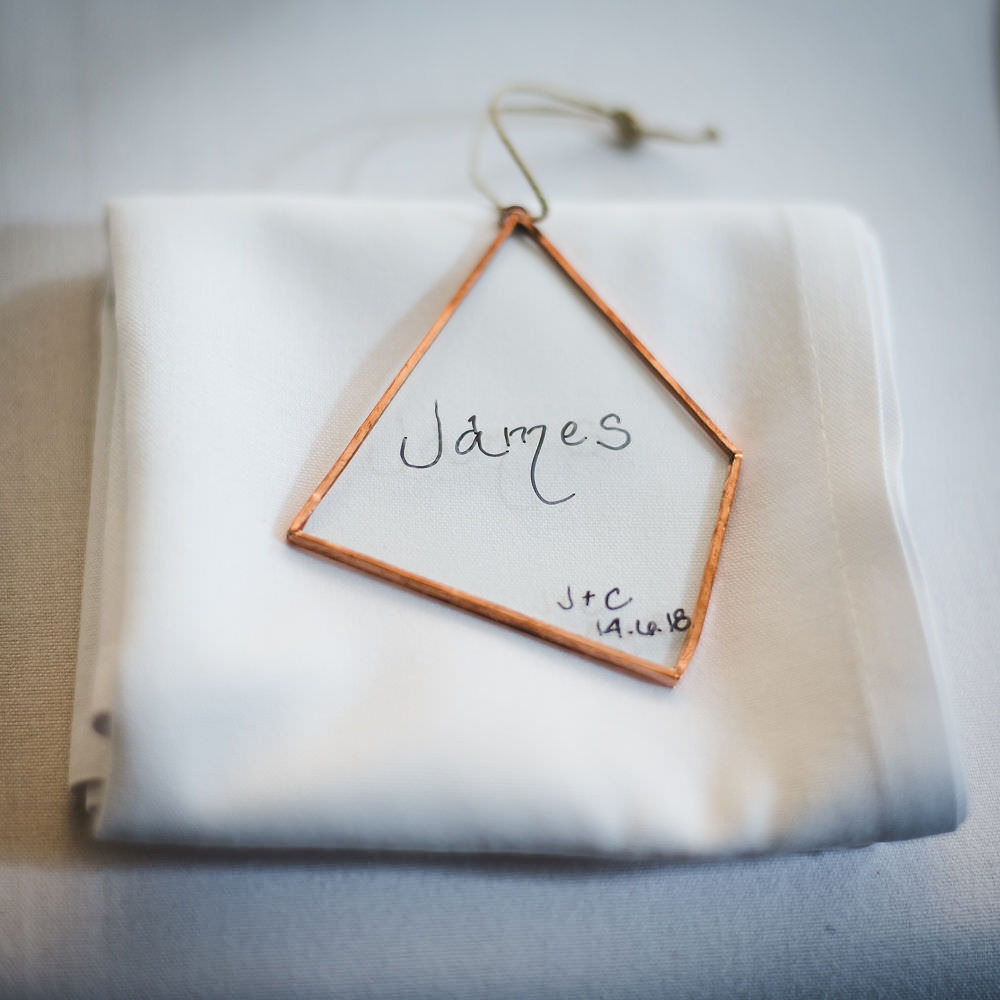 Geometric Glass Place Card Name Langar Hall Wedding Robert Leons Photography