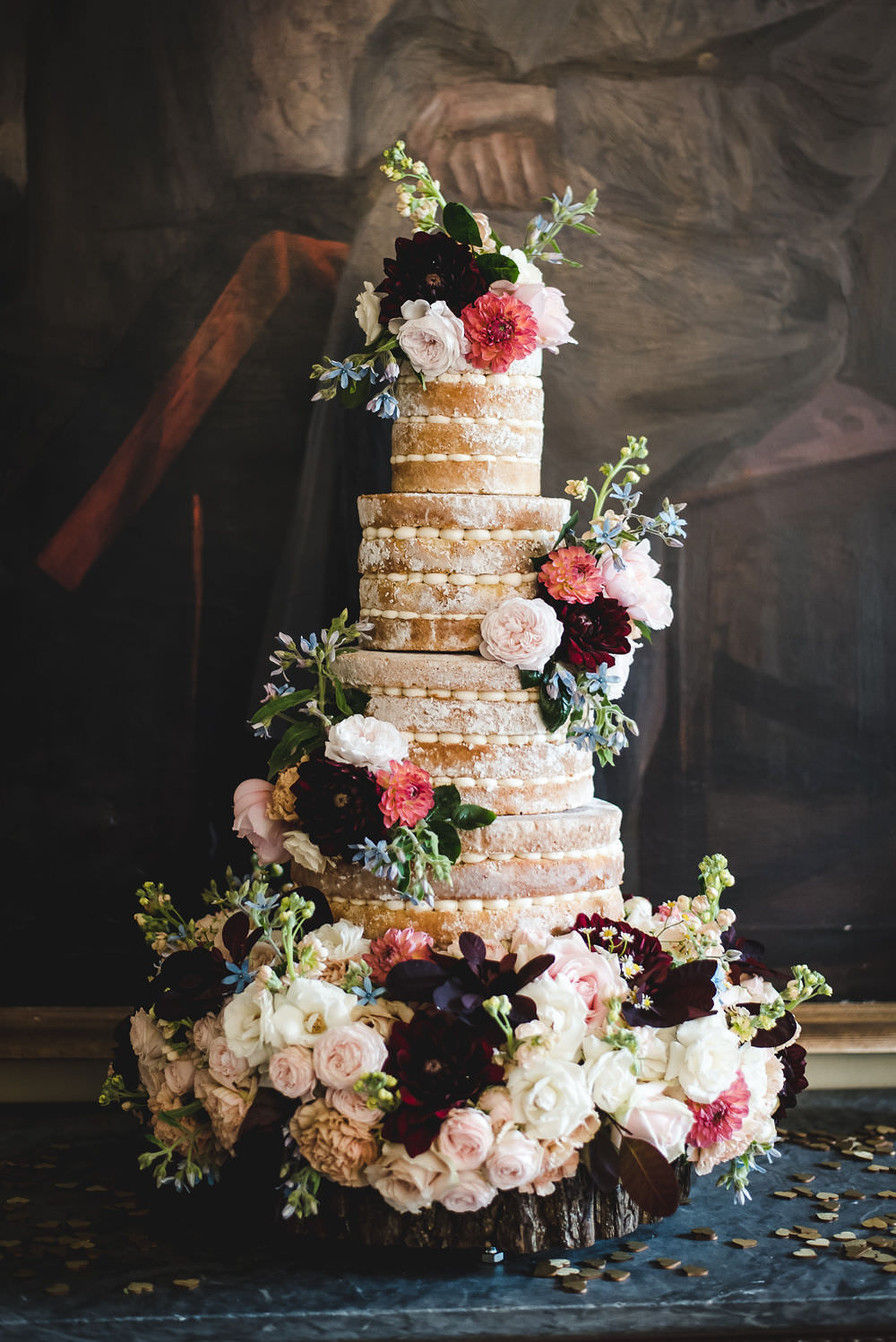 Four Tier Naked Cake Fresh Flowers Decorated Langar Hall Wedding Robert Leons Photography
