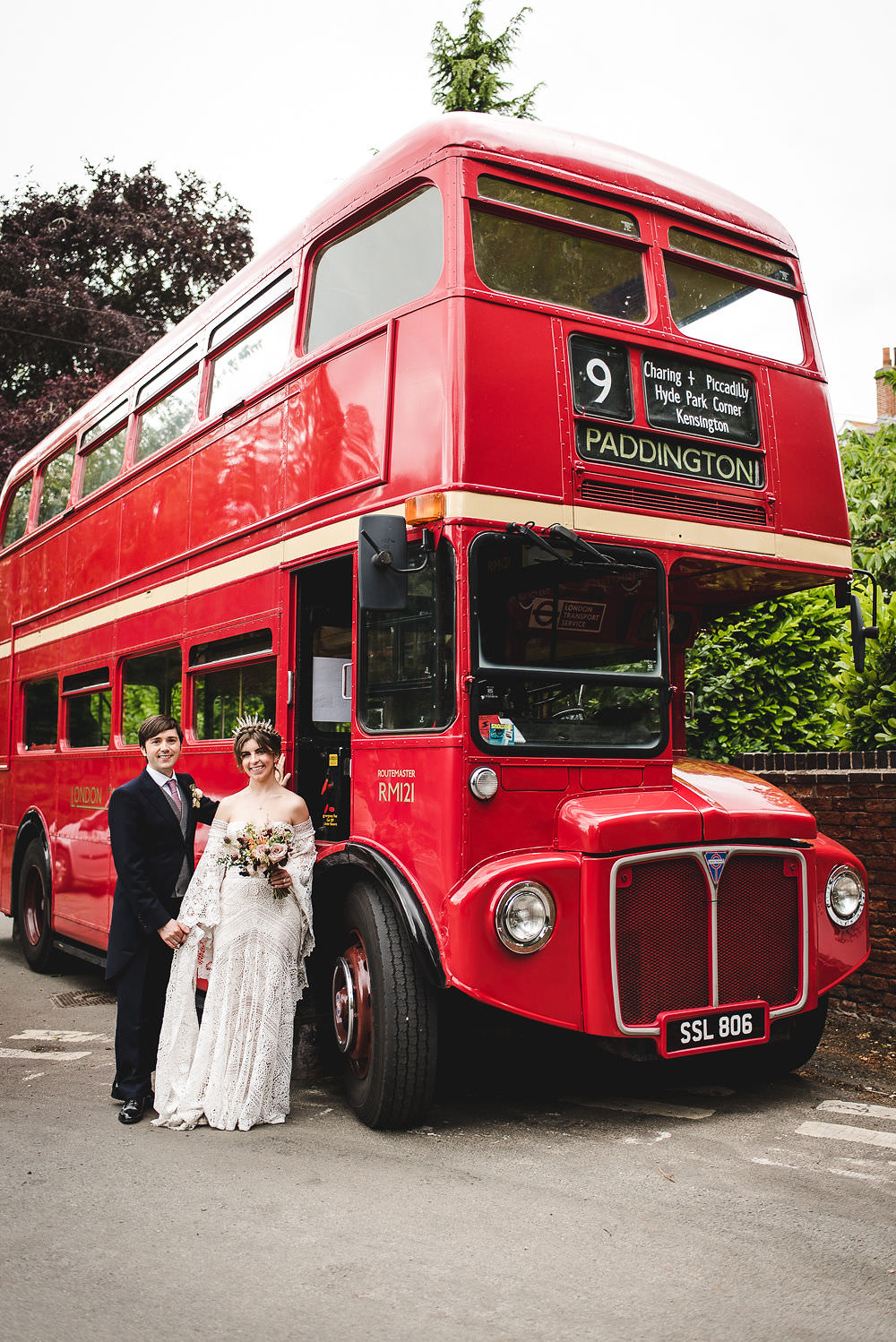 Bride Bridal Rue de Seine Dress Gown 70s Boho Sleeves Headdress Crown Morning Suit Groom Vintage Bus Langar Hall Wedding Robert Leons Photography
