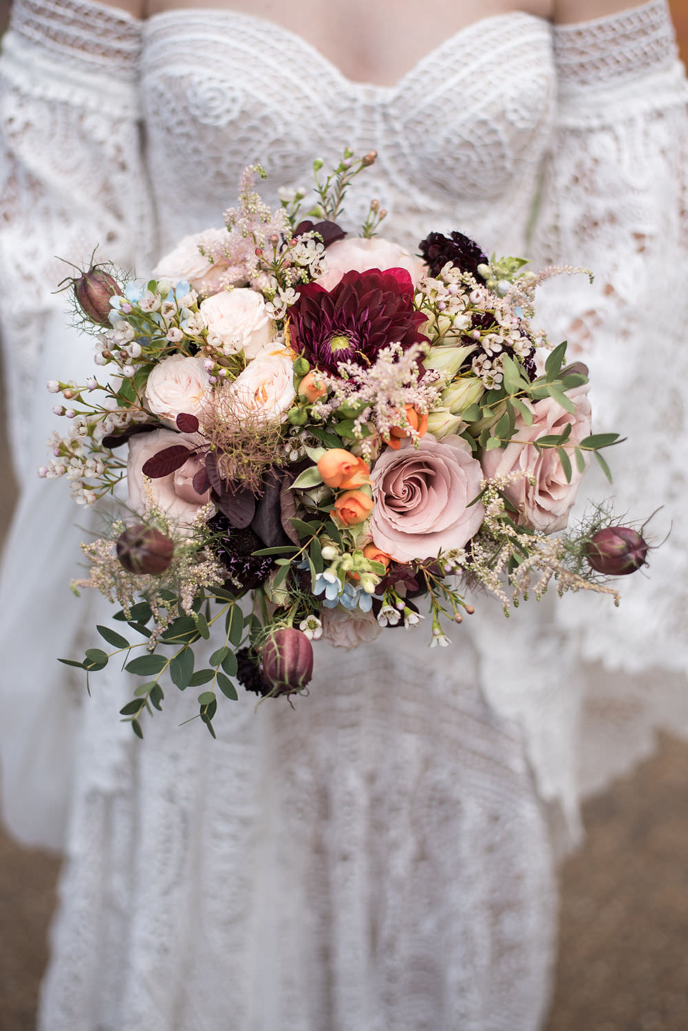 Bride Bridal Bouquet Pink Burgundy Rose Dahlia Langar Hall Wedding Robert Leons Photography