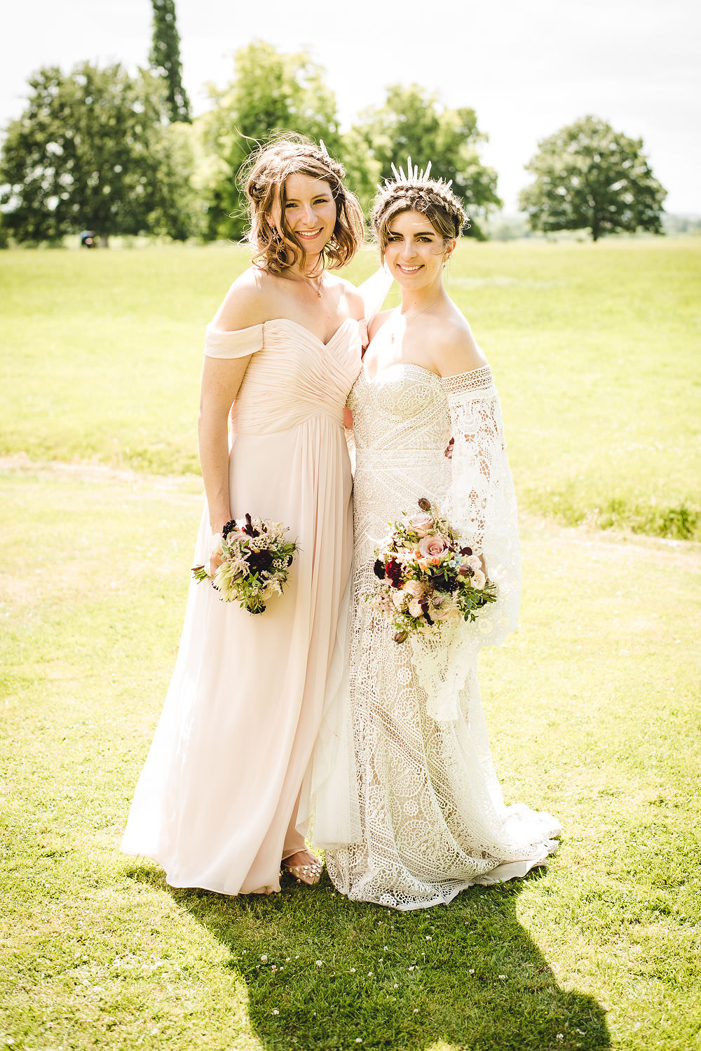 Bride Bridal Rue de Seine Dress Gown 70s Boho Sleeves Headdress Crown Drop Shoulder Pink Bridesmaid Bouquet Langar Hall Wedding Robert Leons Photography