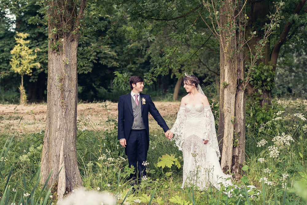 Bride Bridal Rue de Seine Dress Gown 70s Boho Sleeves Headdress Crown Morning Suit Groom Langar Hall Wedding Robert Leons Photography