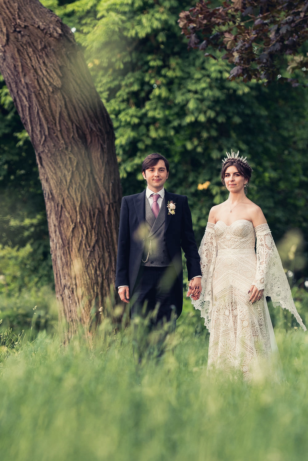Bride Bridal Rue de Seine Dress Gown 70s Boho Sleeves Headdress Crown Morning Suit Groom Langar Hall Wedding Robert Leons Photography
