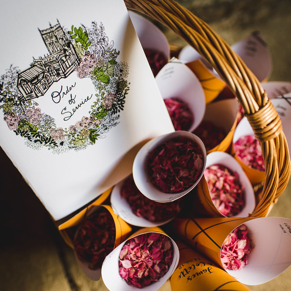 Order of Service Illustrated Confetti Cones Basket Langar Hall Wedding Robert Leons Photography