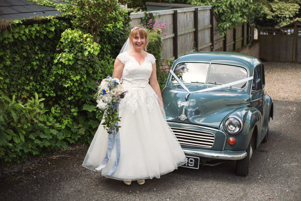 Bride Bridal Ballerina Length Dress Lace Sleeves Morris Minor Transport Veil Middle Coombe Farm Wedding Emma Stoner Photo