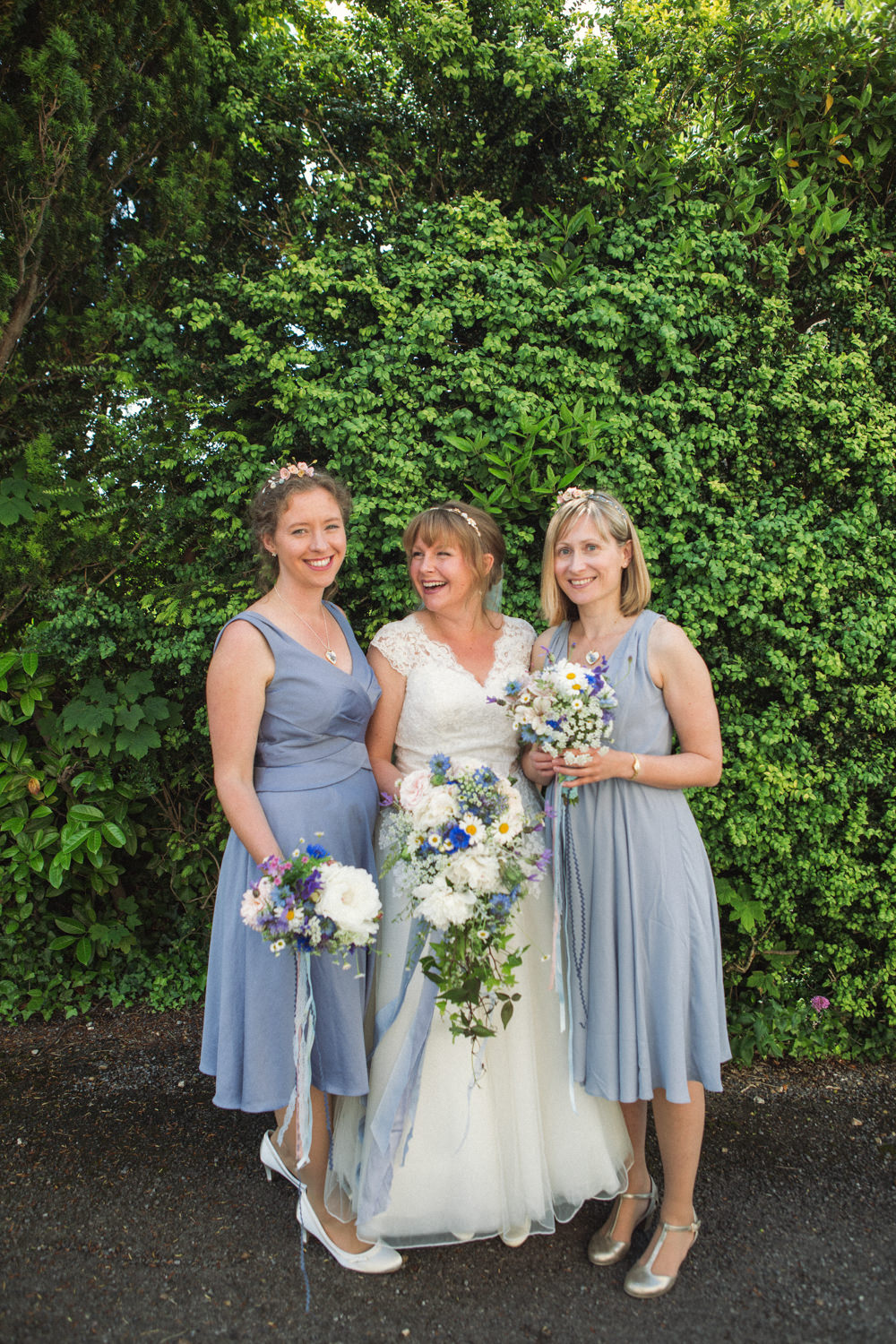 Bride Bridal Ballerina Length Dress Lace Sleeves Blue Dress Bridesmaids Posy Veil Middle Coombe Farm Wedding Emma Stoner Photo
