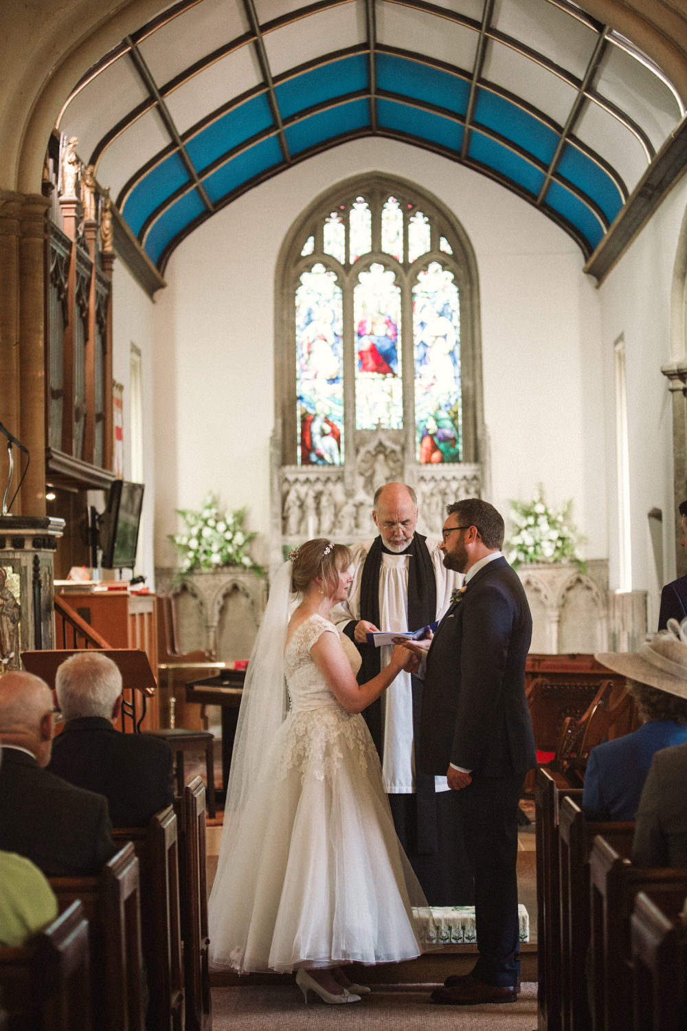 Bride Bridal Ballerina Length Dress Lace Sleeves Navy Suit Groom Veil Middle Coombe Farm Wedding Emma Stoner Photo