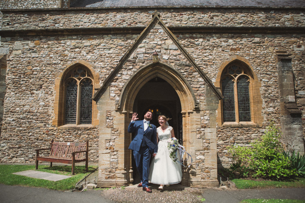 Bride Bridal Ballerina Length Dress Lace Sleeves Navy Suit Groom Veil Middle Coombe Farm Wedding Emma Stoner Photo