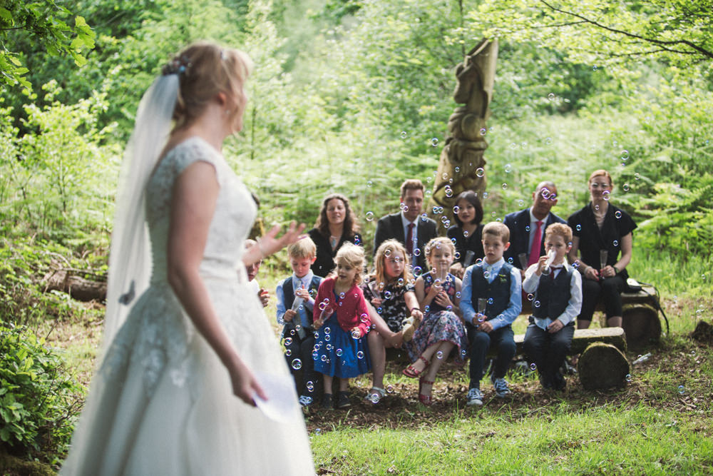 Bride Bridal Ballerina Length Dress Lace Sleeves Veil Bubbles Middle Coombe Farm Wedding Emma Stoner Photo