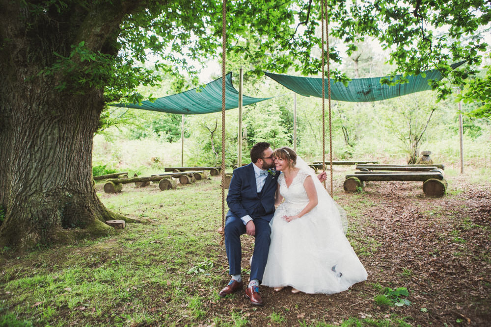 Bride Bridal Ballerina Length Dress Lace Sleeves Navy Suit Bow Tie Groom Veil Middle Coombe Farm Wedding Emma Stoner Photo