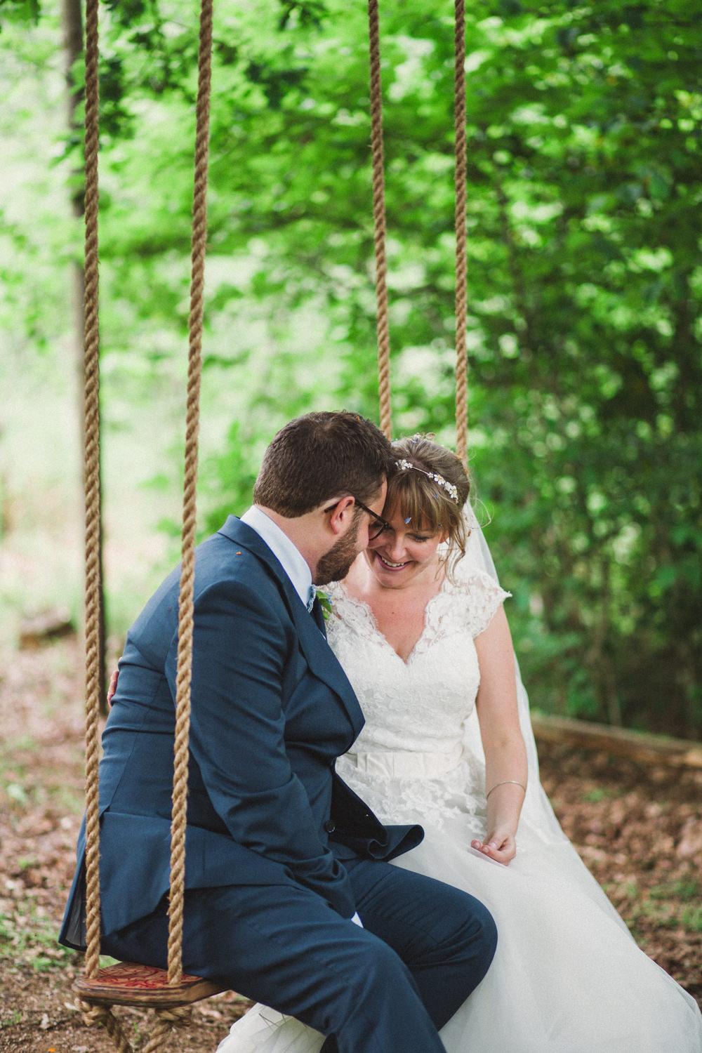 Bride Bridal Ballerina Length Dress Lace Sleeves Navy Suit Groom Veil Middle Coombe Farm Wedding Emma Stoner Photo