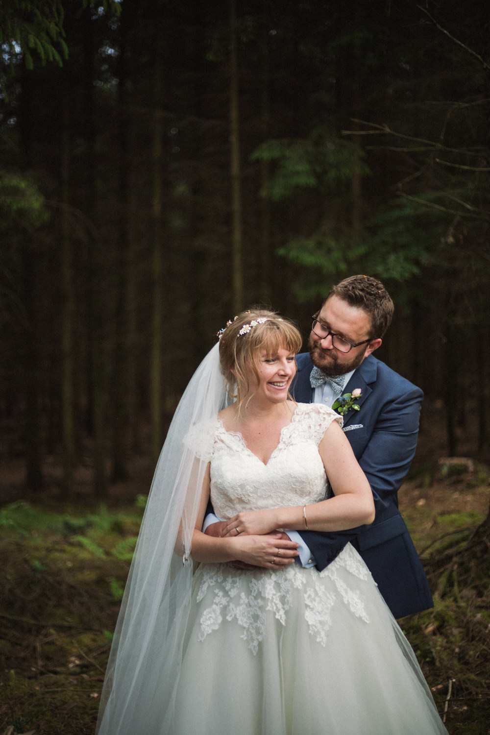 Bride Bridal Ballerina Length Dress Lace Sleeves Navy Suit Groom Veil Middle Coombe Farm Wedding Emma Stoner Photo