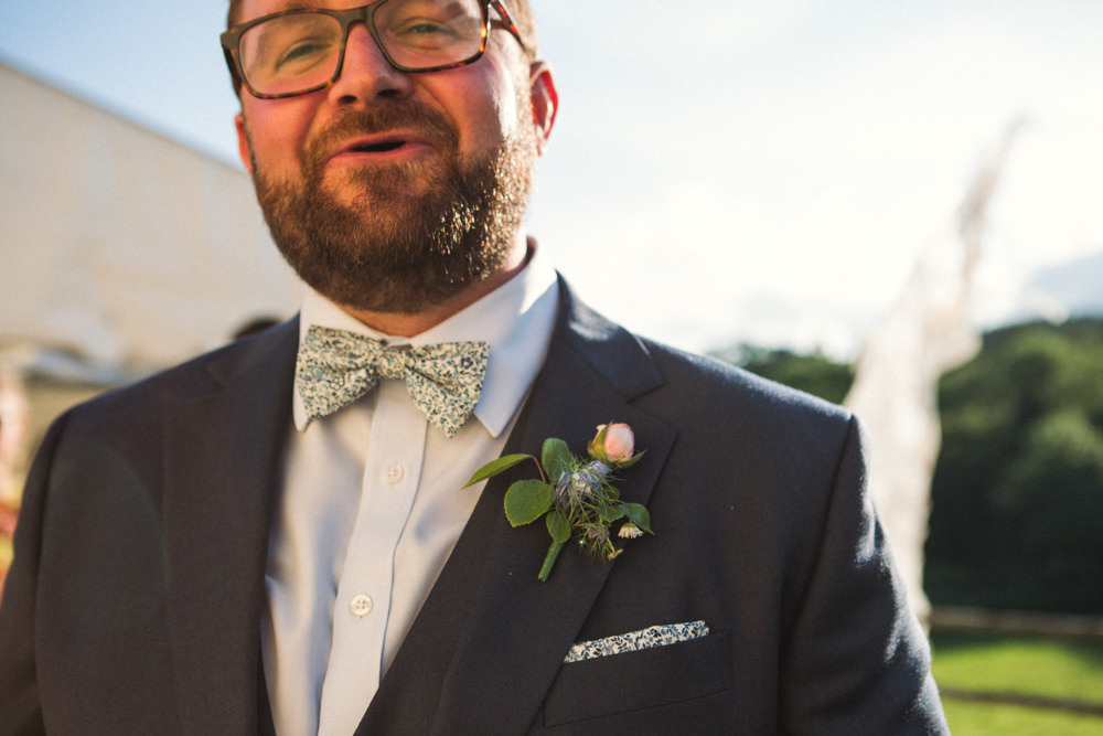 Groom Liberty Print Bow Tie Pocket Square Middle Coombe Farm Wedding Emma Stoner Photo