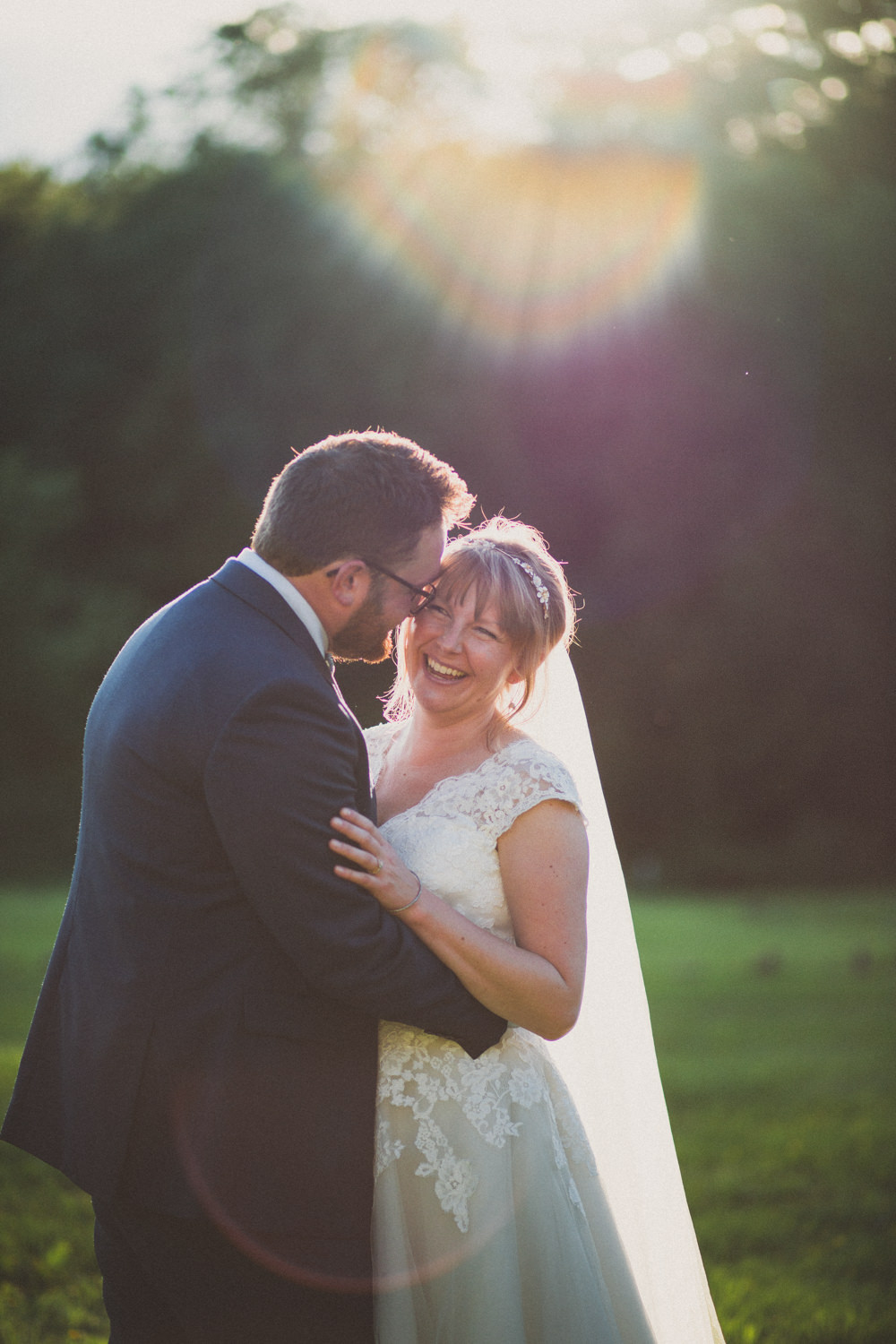 Bride Bridal Ballerina Length Dress Lace Sleeves Navy Suit Groom Veil Middle Coombe Farm Wedding Emma Stoner Photo