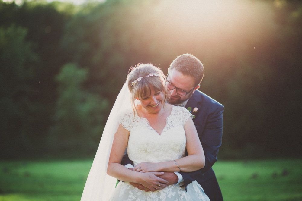Bride Bridal Ballerina Length Dress Lace Sleeves Navy Suit Groom Veil Middle Coombe Farm Wedding Emma Stoner Photo