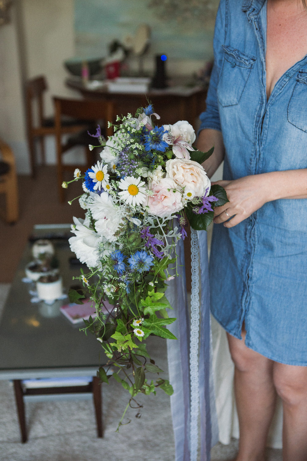 Cascading Bouquet Ivy Daisy Peony Bride Bridal Middle Coombe Farm Wedding Emma Stoner Photo