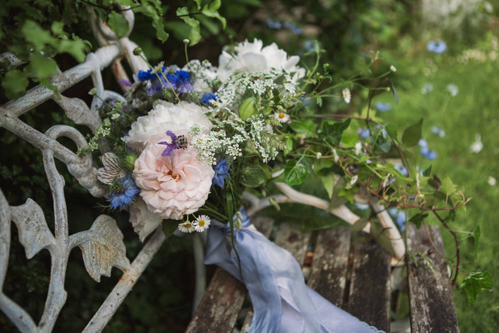 Bride Bridal Bouquet Blue Ribbon Middle Coombe Farm Wedding Emma Stoner Photo